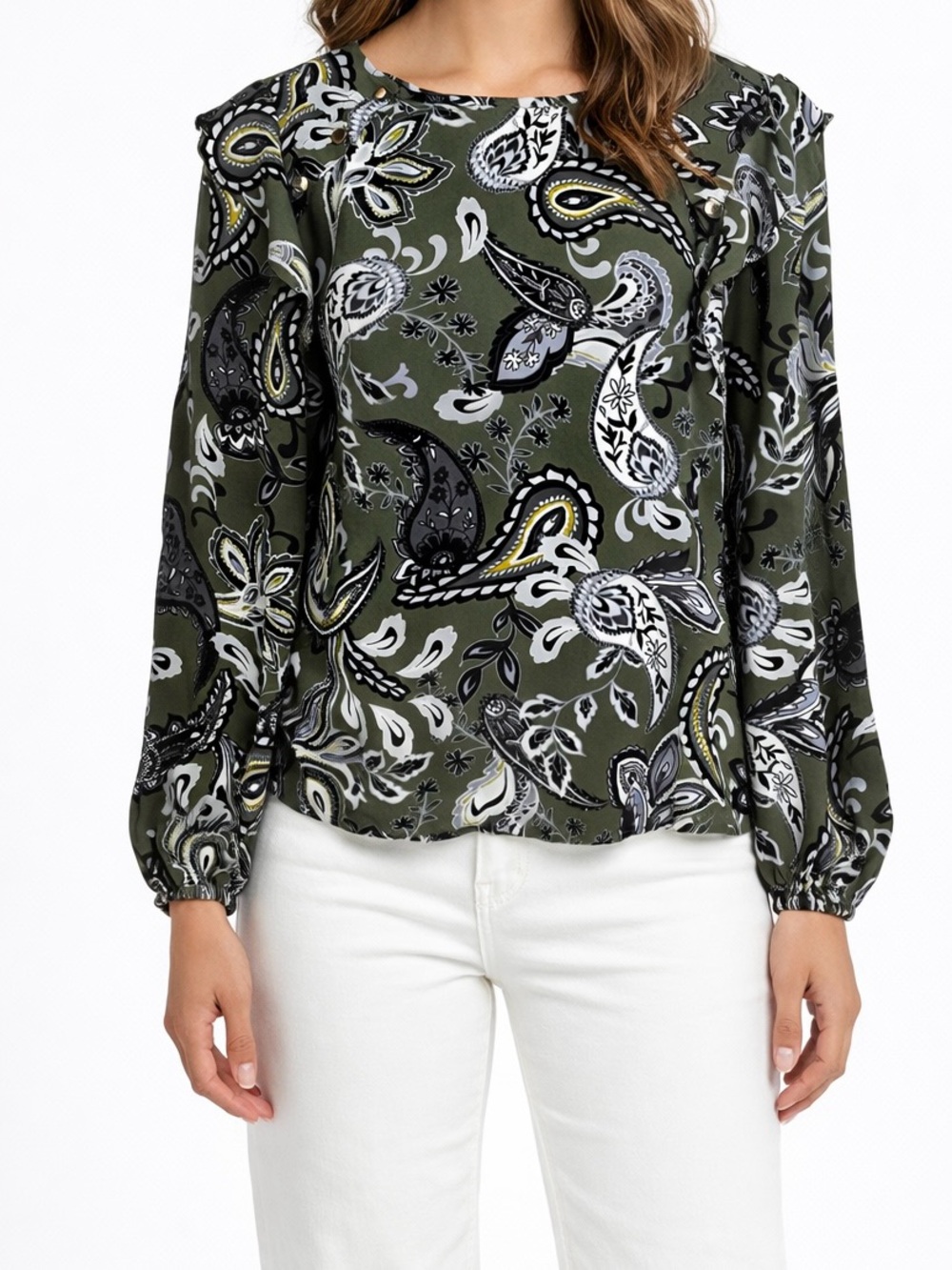Loft olive green paisley print floral long sleeve shoulder ruffle accents Top MP